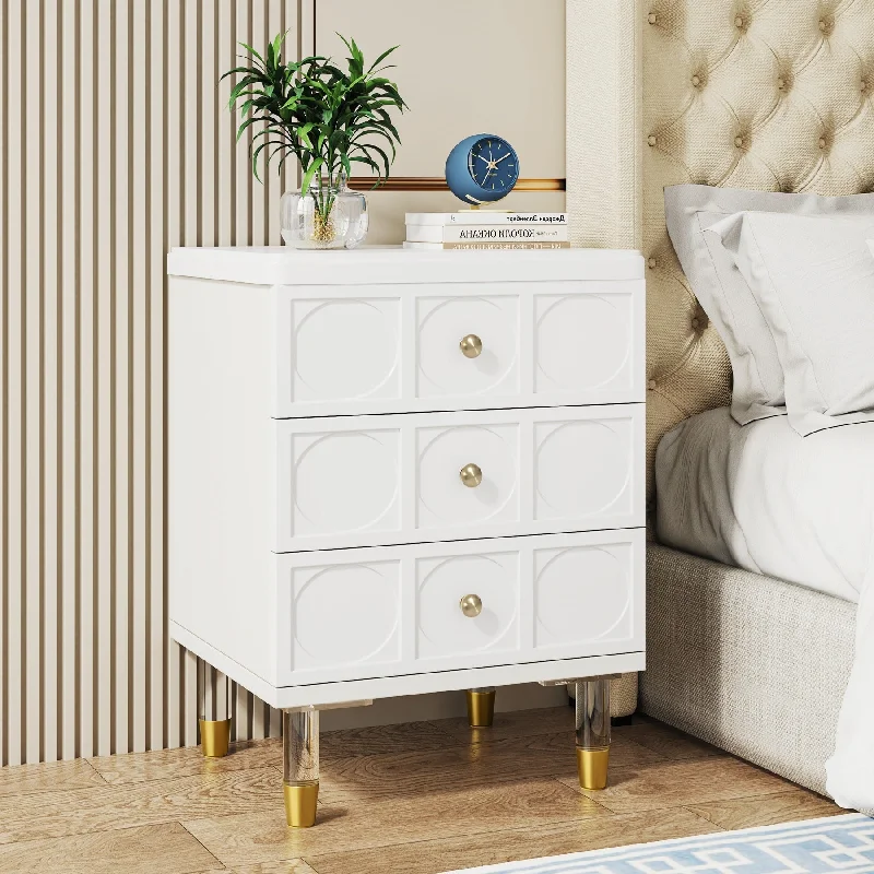 3-Drawer Nightstand Bedside Table,Bedroom Tall Night Stands with White and Gold finish Sofa End Table with Storage