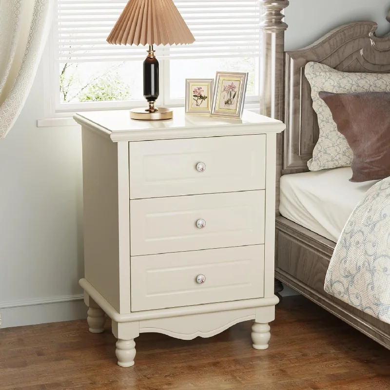 3-Drawer Nightstand, White Farmhouse Bedside Table for Bedroom