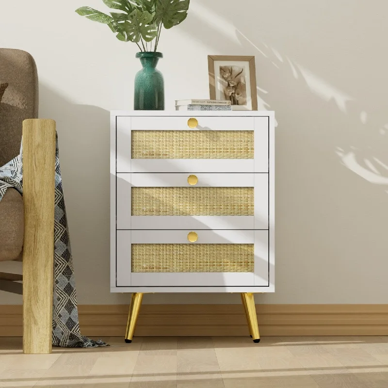 Anmytek Mid-Century Modern 3-Drawer White Wood Rattan Nightstand Side End Table for Bedroom Living Room