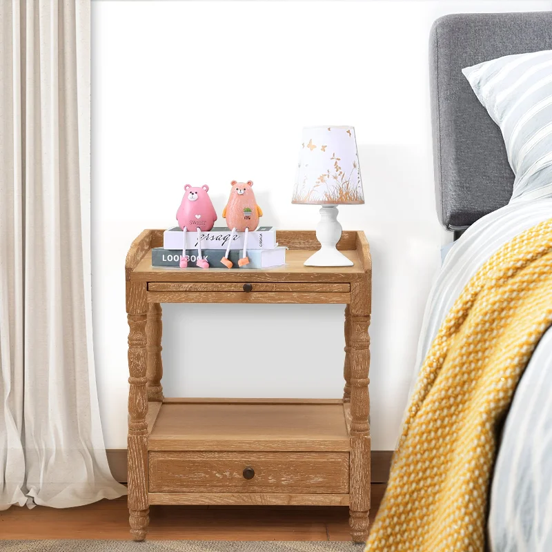 Bedroom Furniture Solid Oak Nightstand Bedside Accent End Table with 2-drawer & Shelves