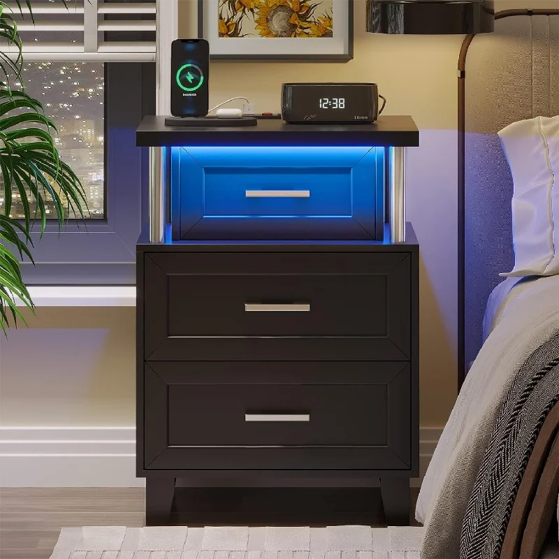 Bedroom Nightstand Charging Station RGB Lights 3 Drawers