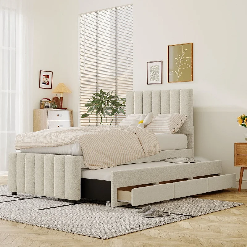 Beige Contemporary Twin Size Upholstered Platform Bed with Trundle and 3 Drawers, Linen Fabric