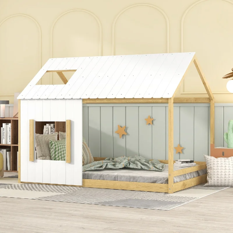 Beige Full Size House Bed with Roof and Window