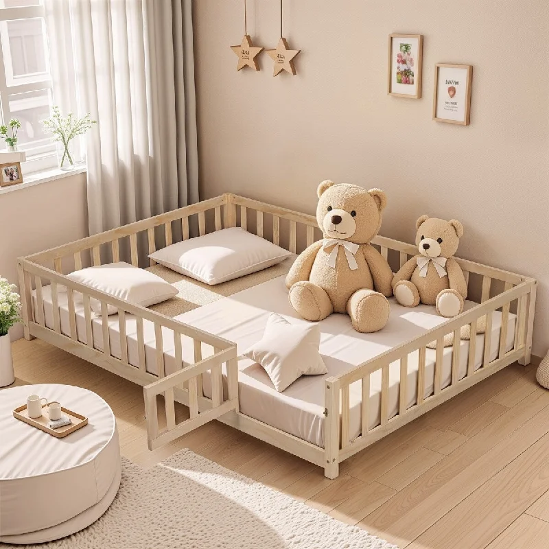 Beige Full Size Montessori Floor Platform Bed with Fence and Door for Kids - Sturdy Wooden Bed Frame