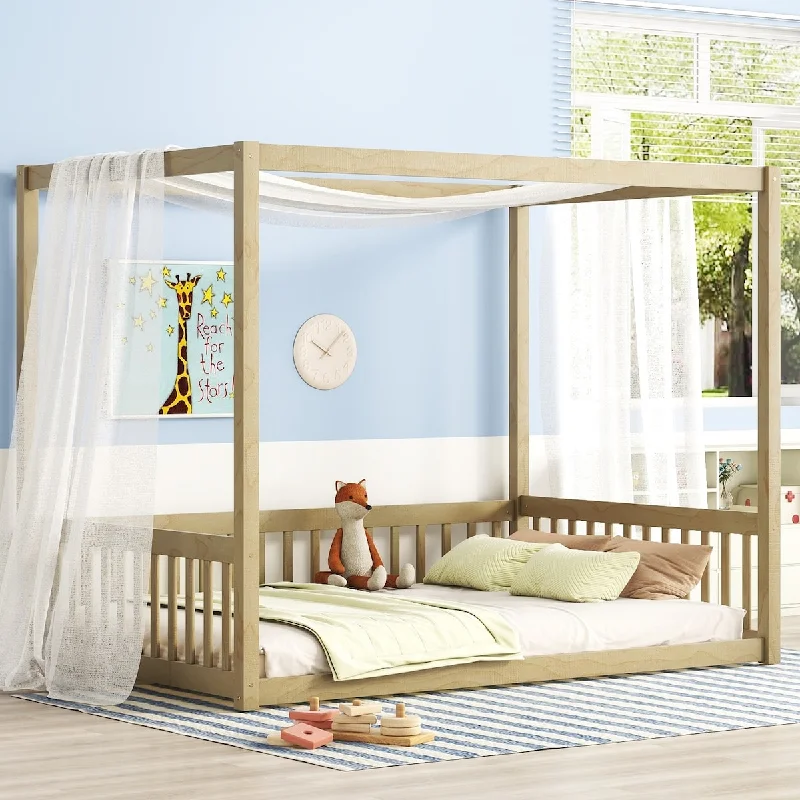 Beige Full Size Solid Wood Canopy Bed, Frame Floor Bed with Fence and Guardrails