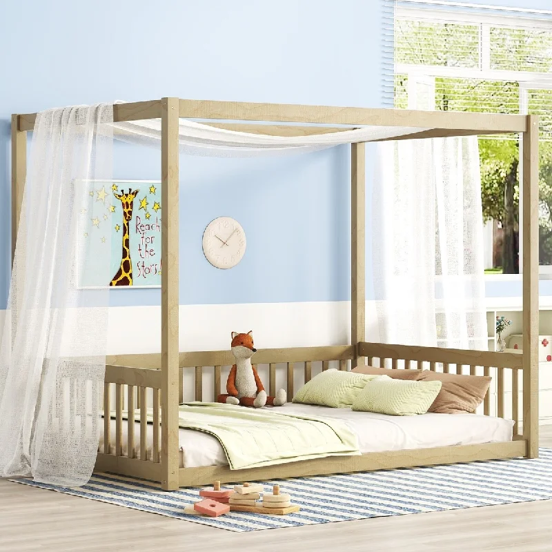 Beige Full Size Solid Wood Canopy Bed with Fence and Guardrails