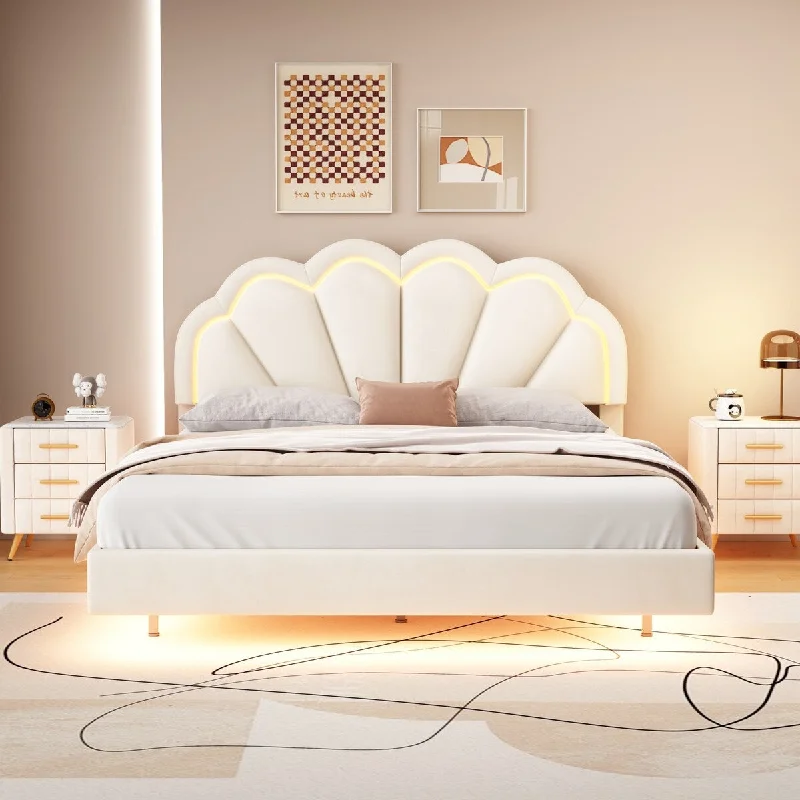 Beige Queen Size Platform Bed with LED and Floral Headboard