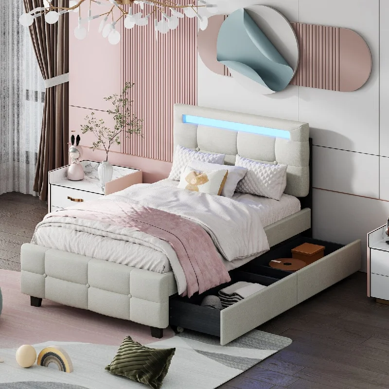 Beige Twin SizeLinen Fabric Upholstered Platform Bed with Headboard, LED Frame and 2 Drawers