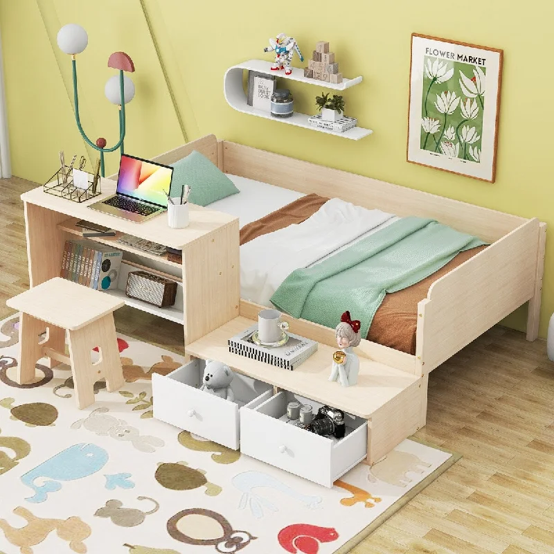 Beige Twin SizeWood Platform Bed with Dual Drawers, Chair, and Desk