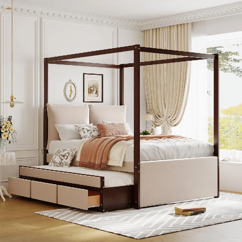 Beige Upholstered Canopy Bed with Trundle