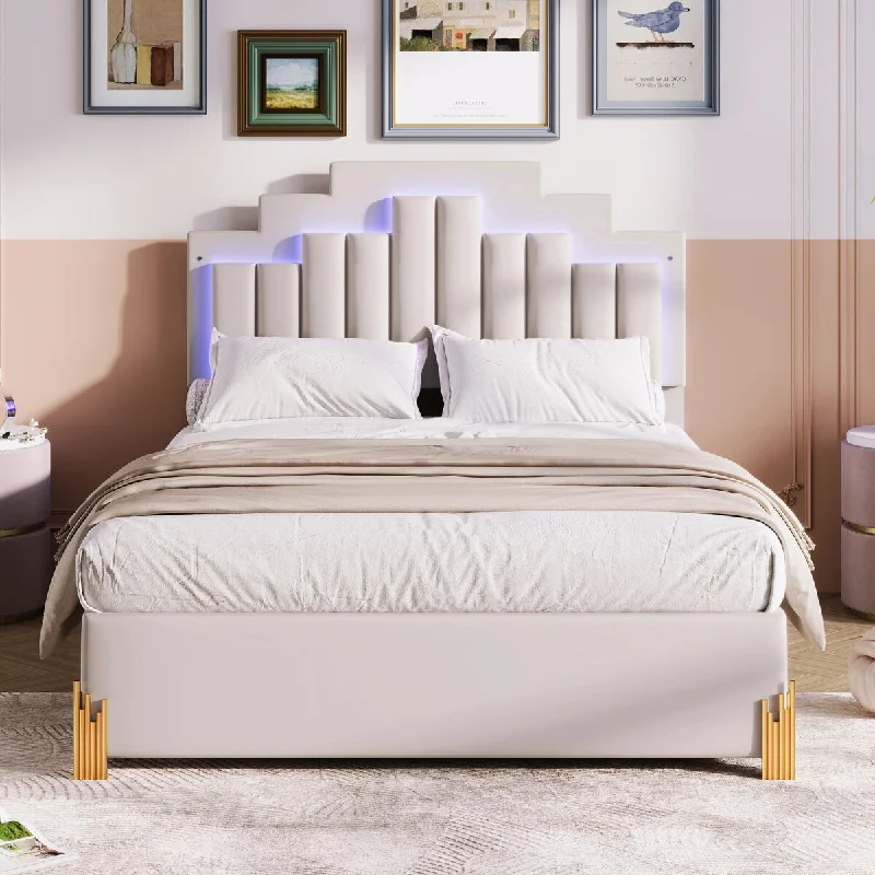 Beige Velvet LED Platform Bed with 4 Drawers & RGB Lights