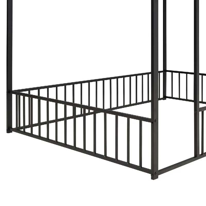 Black Full Size Metal House Bed Frame with Fence for Added Safety