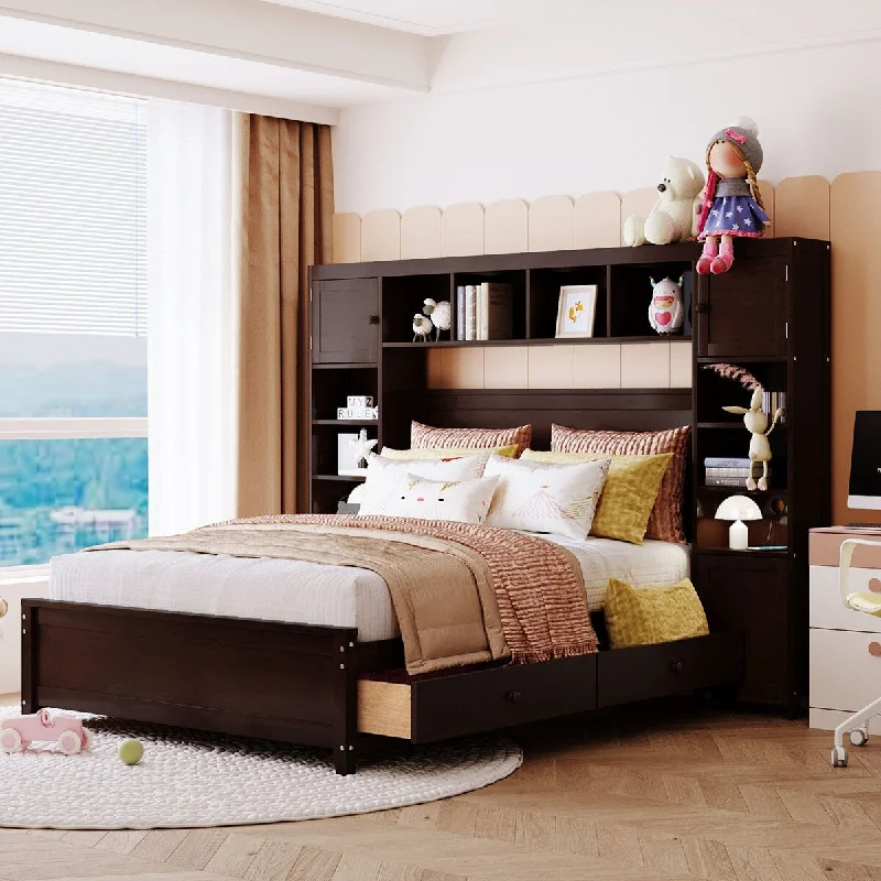 Black Full Size Wooden Bed with All-in-One Cabinet and Shelf - Space-Saving Storage Solution, High-Quality Wood Construction