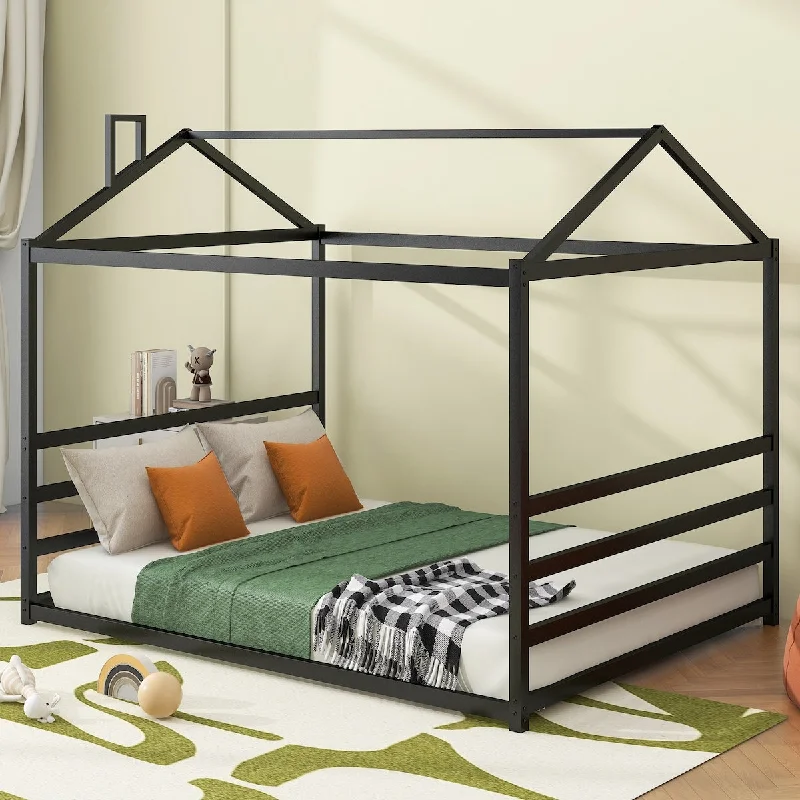 Black Queen Size Metal Canopy Bed, House Bed, Durable Construction for Creative Bedroom Decor