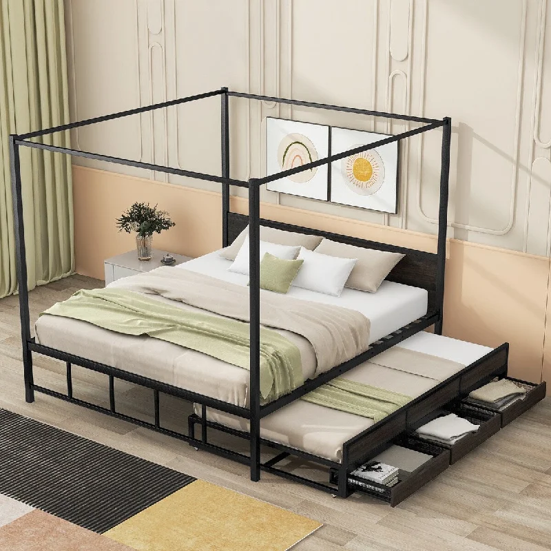 Black Queen Size Modern Metal Canopy Bed with Trundle and Storage Drawers for Contemporary Bedroom Decor