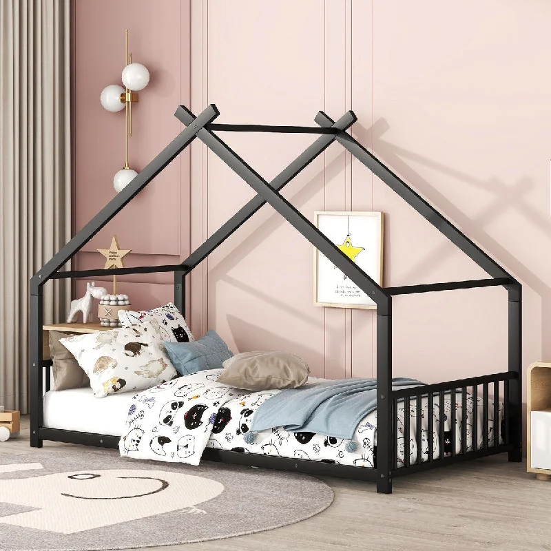 Black Twin Size Metal House Bed, Kids Bed, with Roof and Safety Fence, Three Colors Available