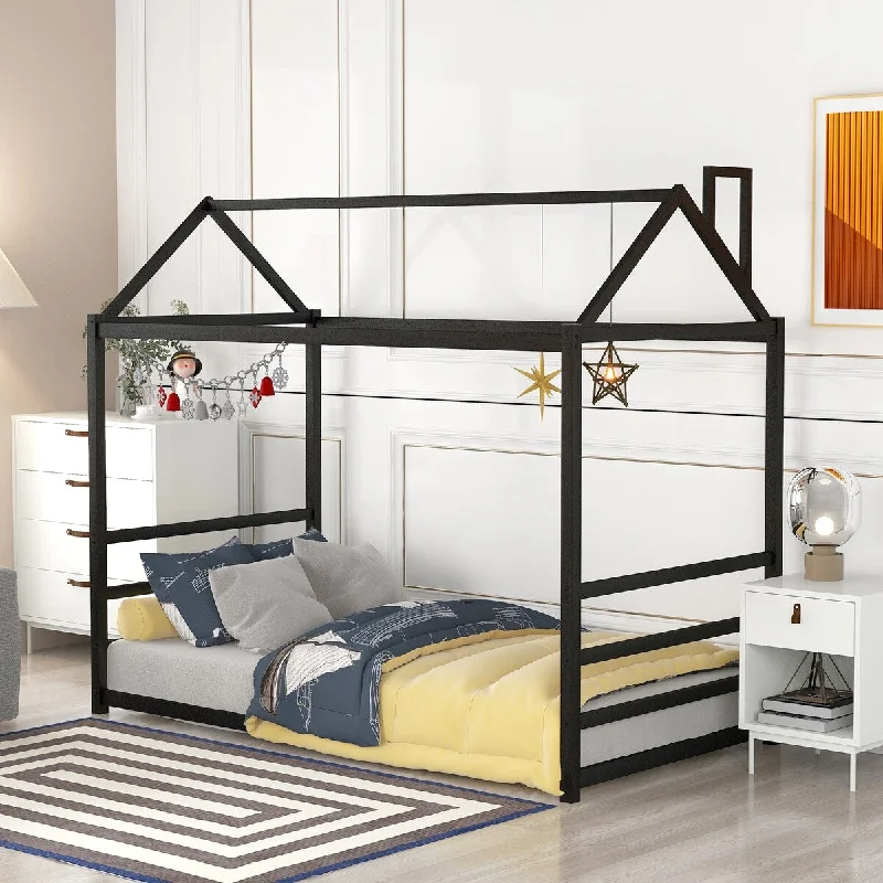 Black Twin Size Metal House Platform Bed with Safety Features