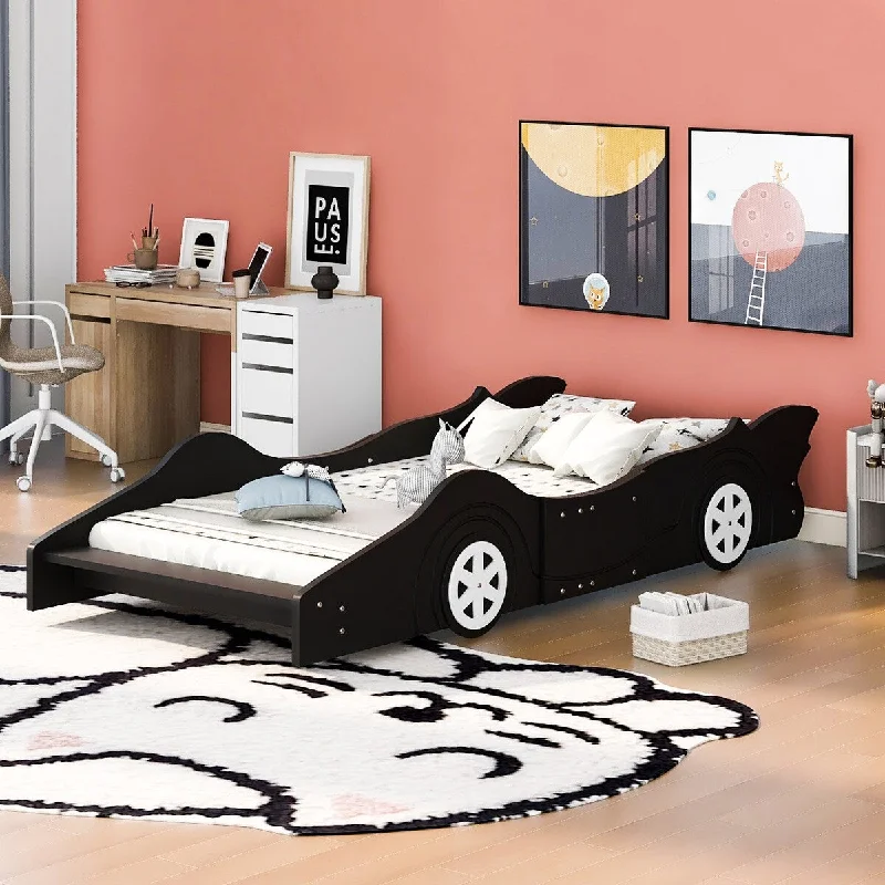 Black Twin Size Race Car-Shaped Platform Bed with Wheels - Eye-Catching Design, Sturdy Construction, Blue/Red/