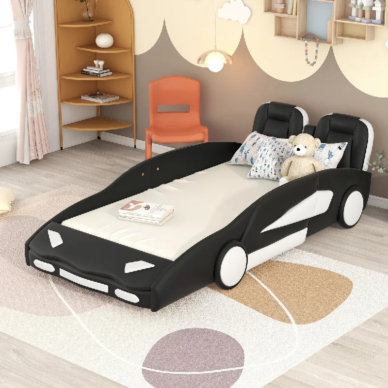 Black Twin Size Race Car-Shaped Platform Bed with Wheels - Solid Construction