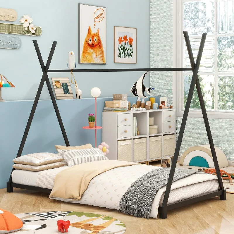 Black Twin SizeMetal House Platform Bed with Triangle Structure - Imaginative and Sturdy Kids' Bed