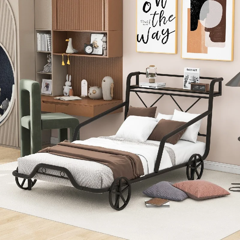 Black Twin SizeMetal Single Bed with Practical Storage Cart