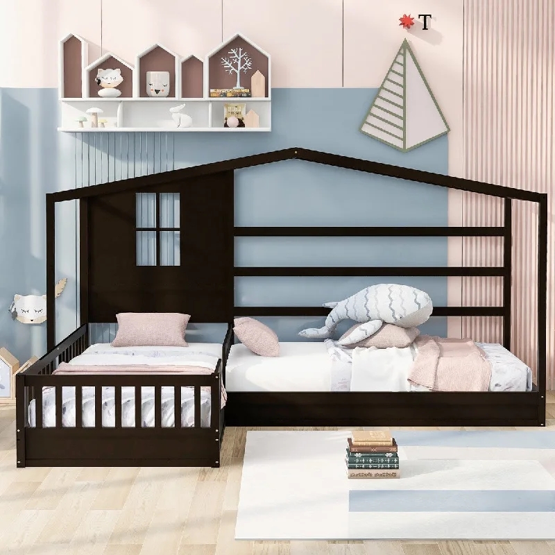 Black Twin SizeWood L-Shaped House Bed Frame