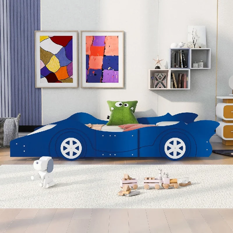 Blue Race Car Full Platform Bed with Rails