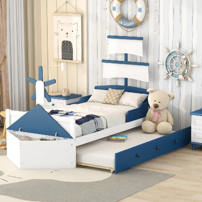 Blue Twin Size Wood Boat-Shaped Platform Bed with Trundle