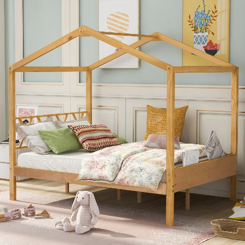 Brown Full Size Bedroom Wood House Bed, Multiple Colors Available