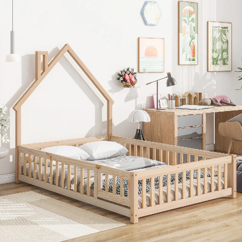 Brown Full Size Wood House Floor Bed with Fence