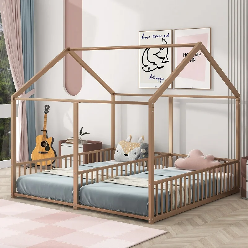 Brown Twin Size Metal House Bed, Platform Beds, Two Shared Beds