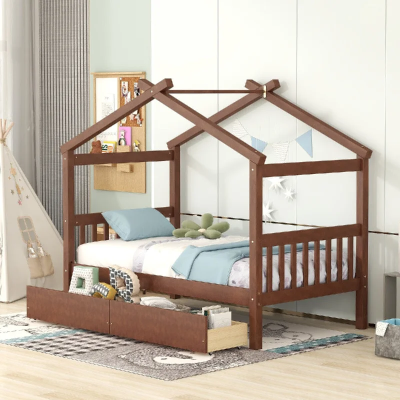 Brown Twin Size Wooden House Bed, Day Bed with 2 Drawers