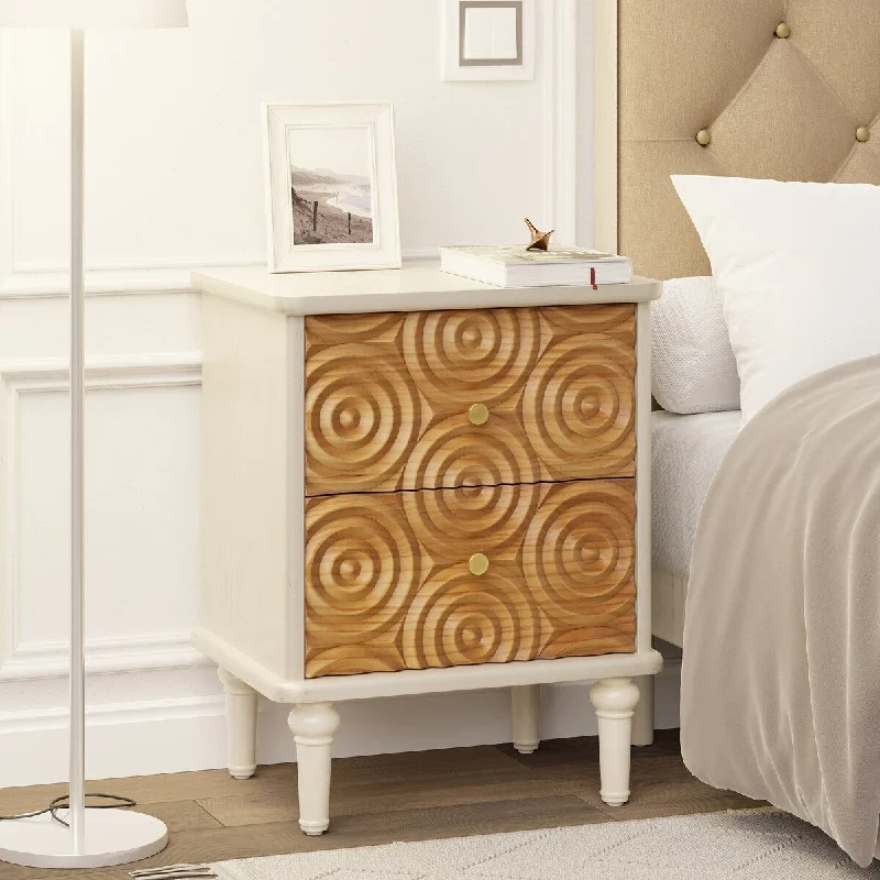 COZAYH Farmhouse Nightstand with Handcrafted Wood Ring Motif, White Nightstand for Living Room, Bedroom