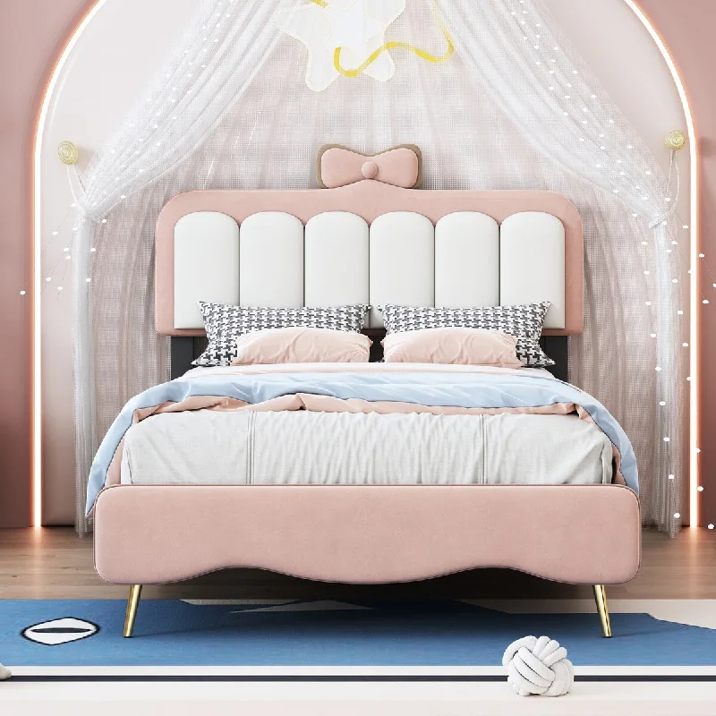 Cute Princess Bed Upholstered Platform Bed with Headboard, Unique Princess Design Twin Bed Frame with Bow-Knot & Metal Leg