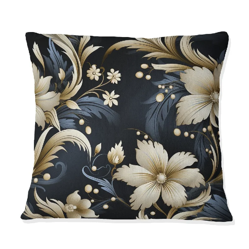 Designart "Deep Black Silver Flowers Elegance I" Glam Printed Throw Pillow