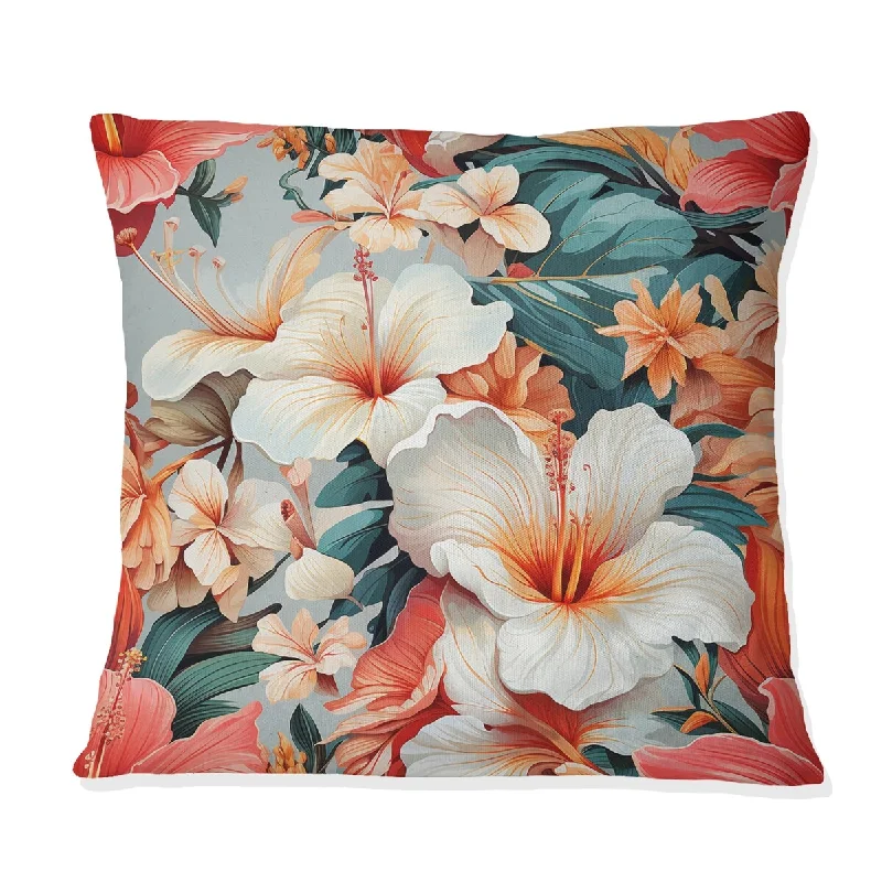 Designart "Exotic White Hibiscus Floral Oasis" Floral Printed Throw Pillow