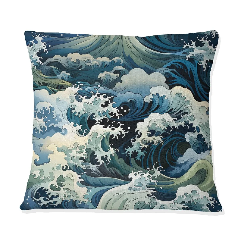 Designart "Hokusai Japan Waves Pattern II" Coastal Printed Throw Pillow