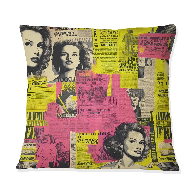 Designart "Popart Neon Pink Newspaper Collage III" Abstract Printed Throw Pillow