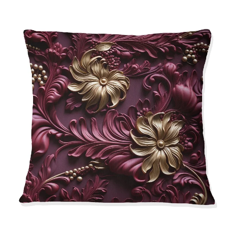 Designart "Regal Burgundy Flowers Majesty Elegance I" Glam Printed Throw Pillow