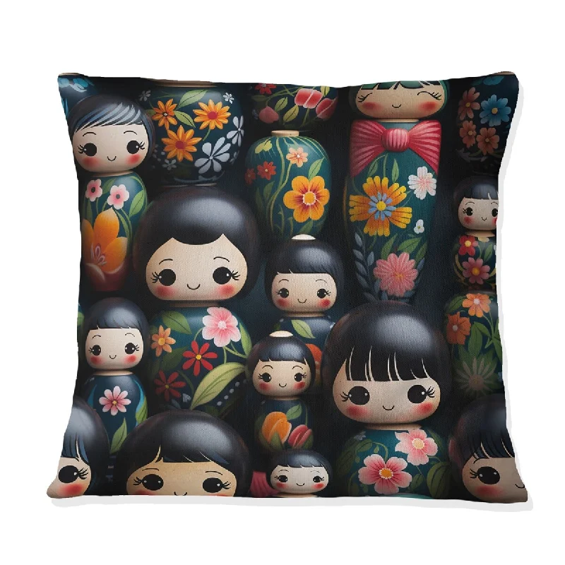 Designart "Vibrant Japan Kokeshi Doll Diversity" Japanese Printed Throw Pillow