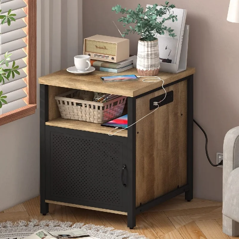 End Table with Charging Station, Farmhouse Side Table with Storage, Rustic Wood and Metal Nightstand and Bedside Tables