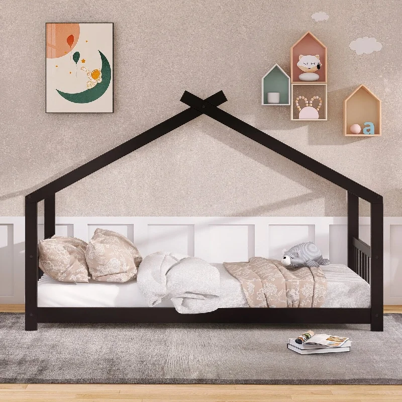 Espresso Twin House Bed with Roof, Pine Frame