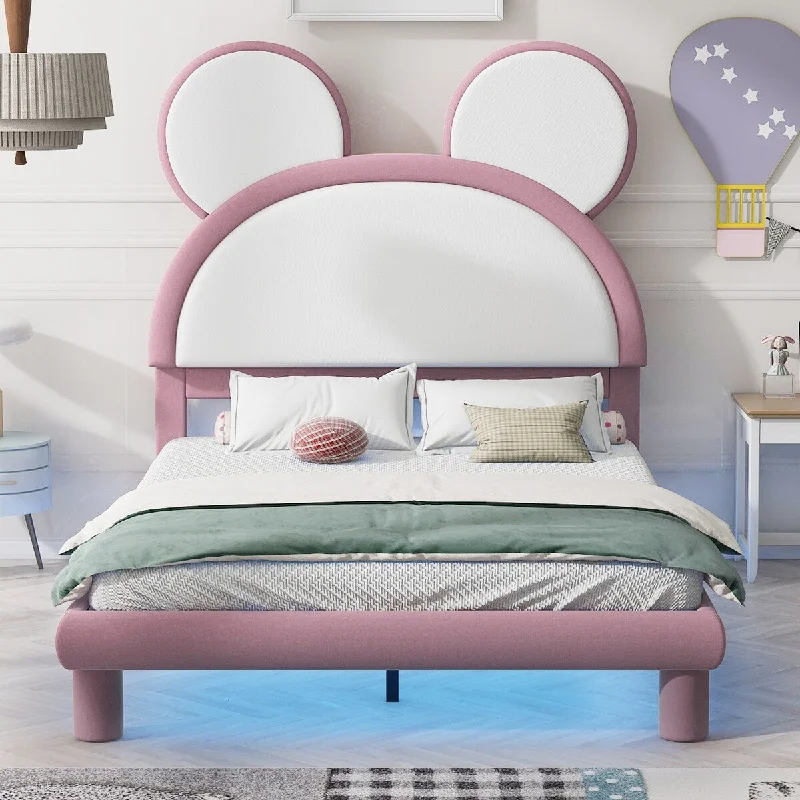 Full Cartoon Ears Shaped Upholstered Platform Bed w/LED,White+Pink