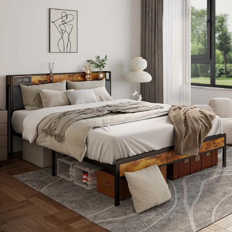 Full/Queen/King Size Metal Platform Bed Frame with Upholstered Storage Headboard