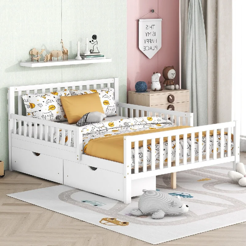 Full Size Kids Bed with Two Storage Drawers, White