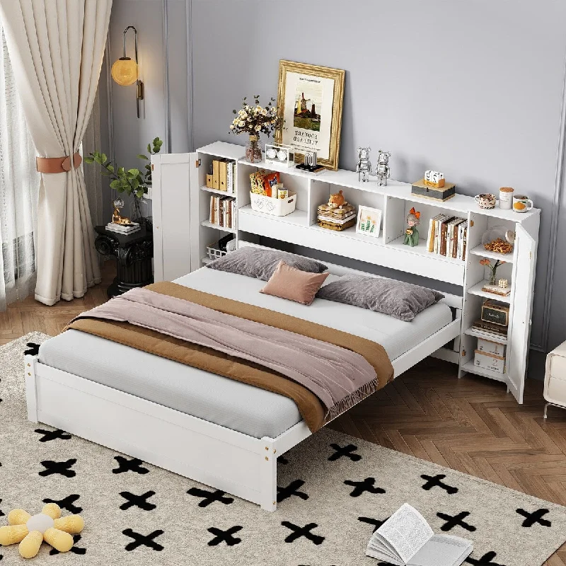 Full Size Platform Bed with Storage Headboard, Wooden Bed with Lockers, White