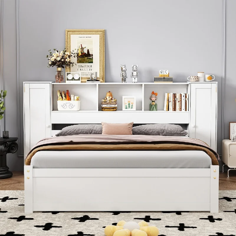 Full Size Platform Bed with Storage Headboard, Wooden Bed with Lockers, White