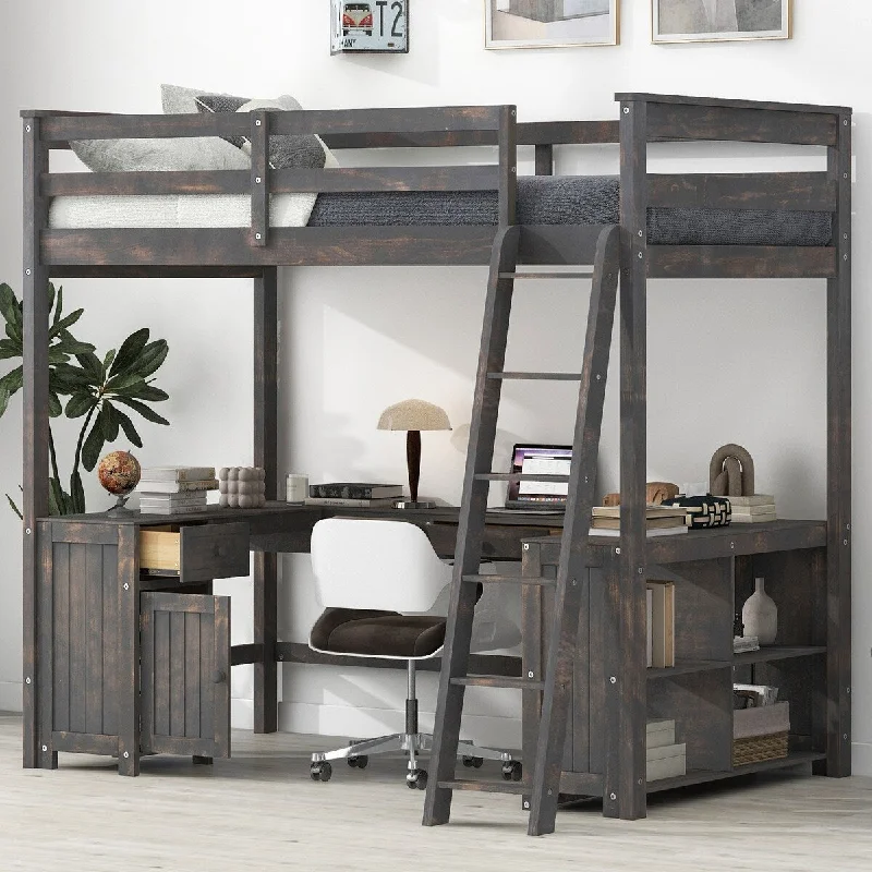 Full Size Solid Wood Loft Bed with U-Shaped Desk,Loft Bed Frame w/Drawers & Storage Shelves for Kids Teens Adults,Antique Brown