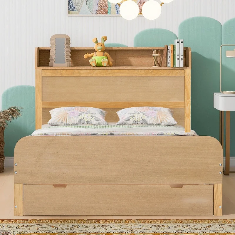 Full Size Storage Platform Bed Heavy Duty Wood Platform Bed with Both Sides Storage Shelf, Footboard with 1 Big Drawer - Natural