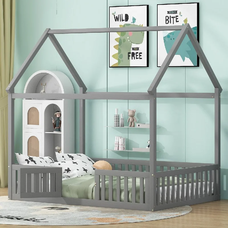 Full Size Wood House Bed with Fence and Door - Gray Finish